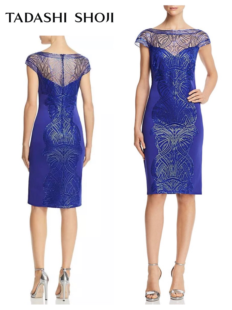 Tadashi Shoji Sequined Illusion Neckline Column Dress